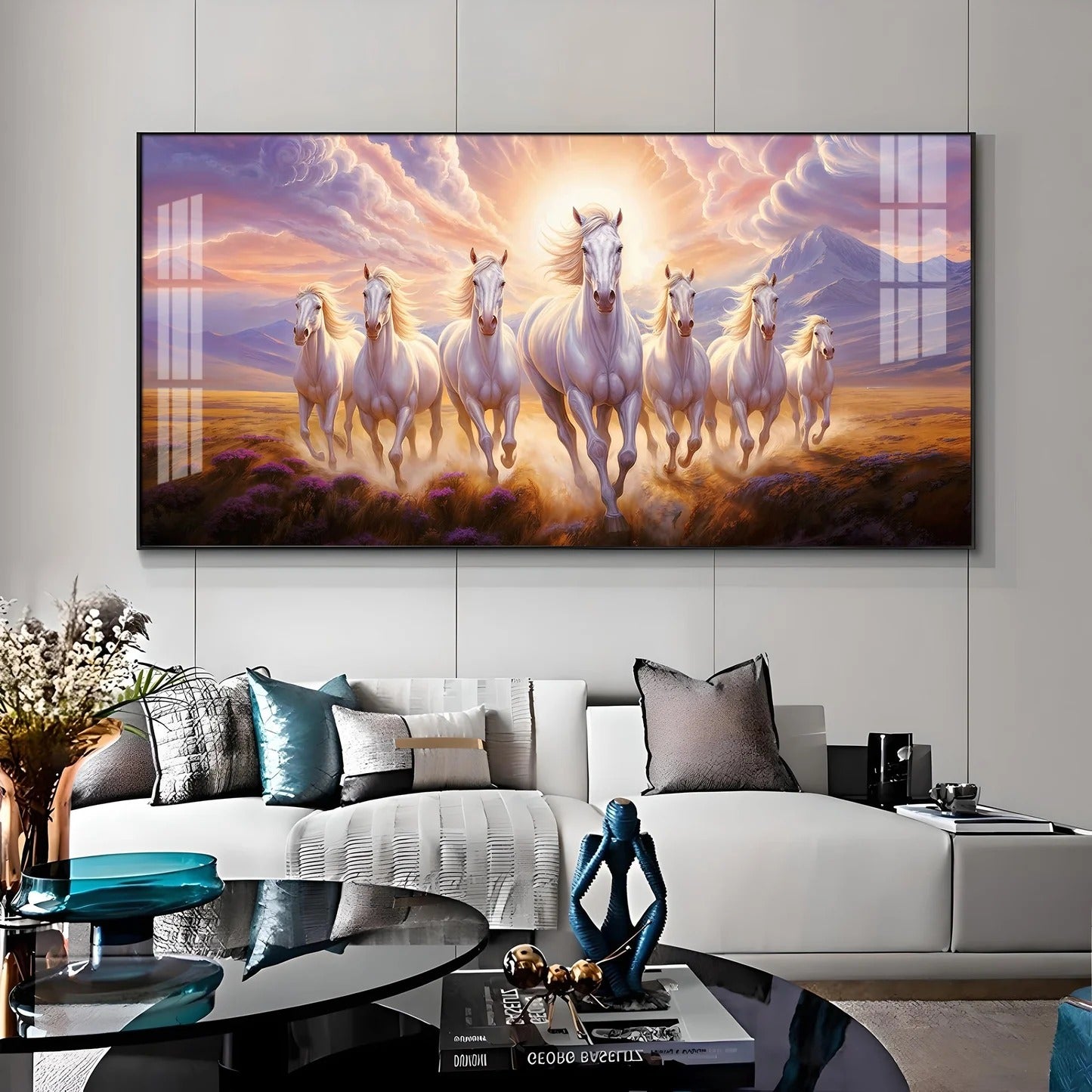 Seven Horse Vastu Painting for Home – White Horses Acrylic Wall Art for Prosperity & Growth