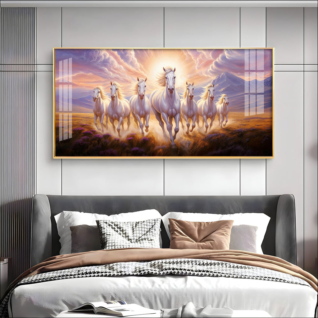 Seven White Running Horses Premium Acrylic Horizontal Wall Art