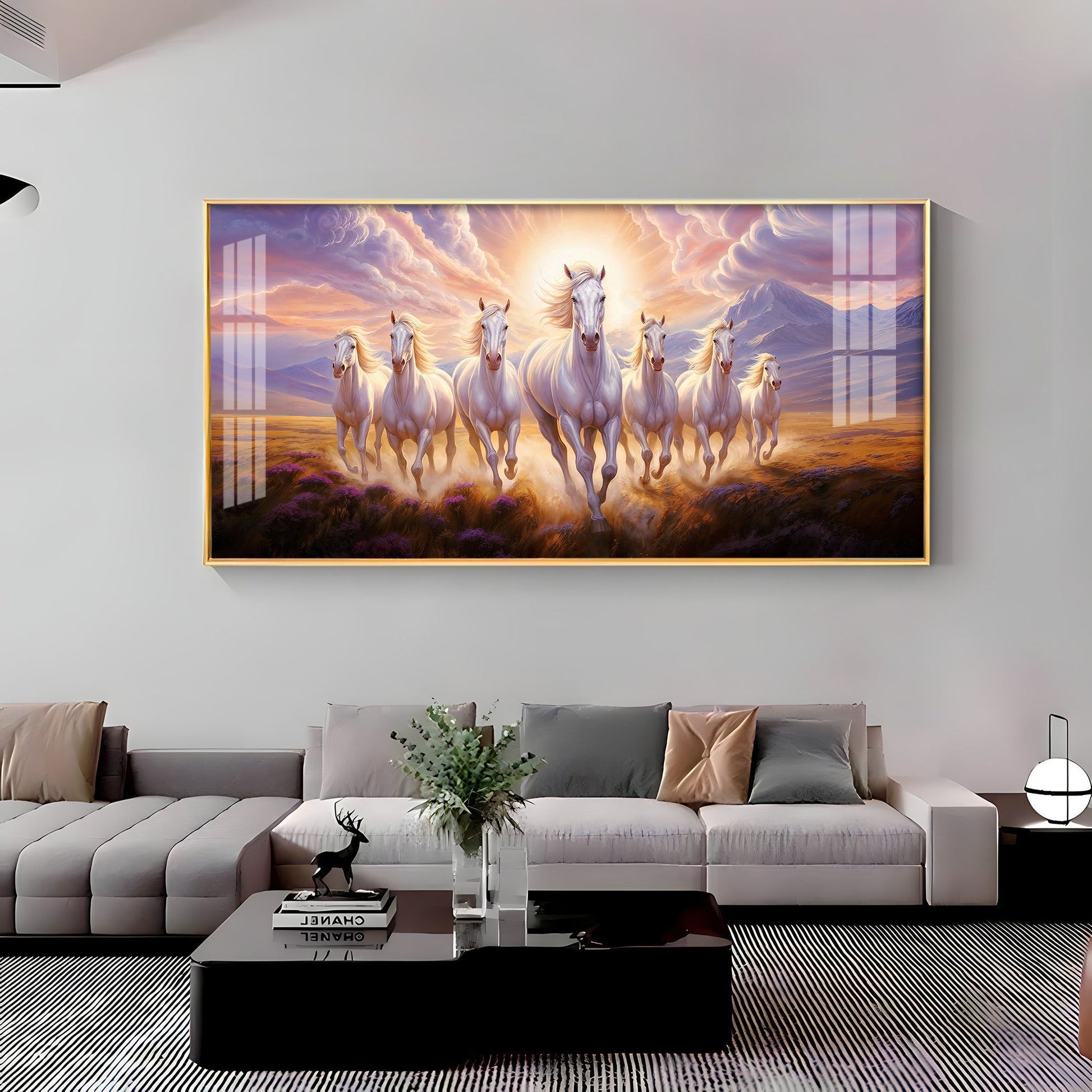 Seven White Running Horses Premium Acrylic Horizontal Wall Art