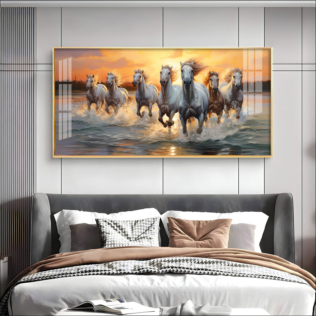 Vastu Seven Running Horses With Sunrise Premium Acrylic Horizontal Wall Art