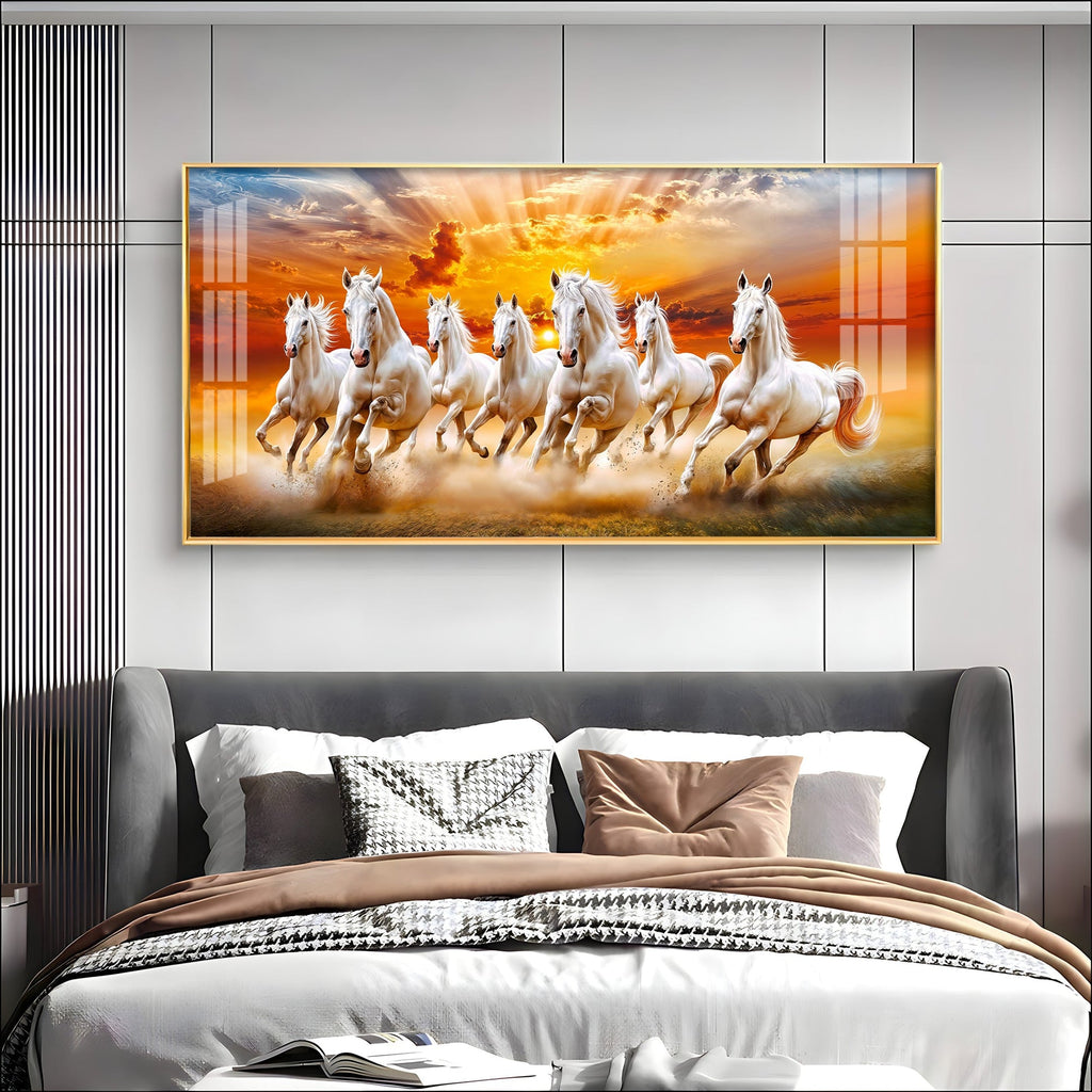 Vastu Success Seven Horses Acrylic Wall Decor Scenic Sunset Sky