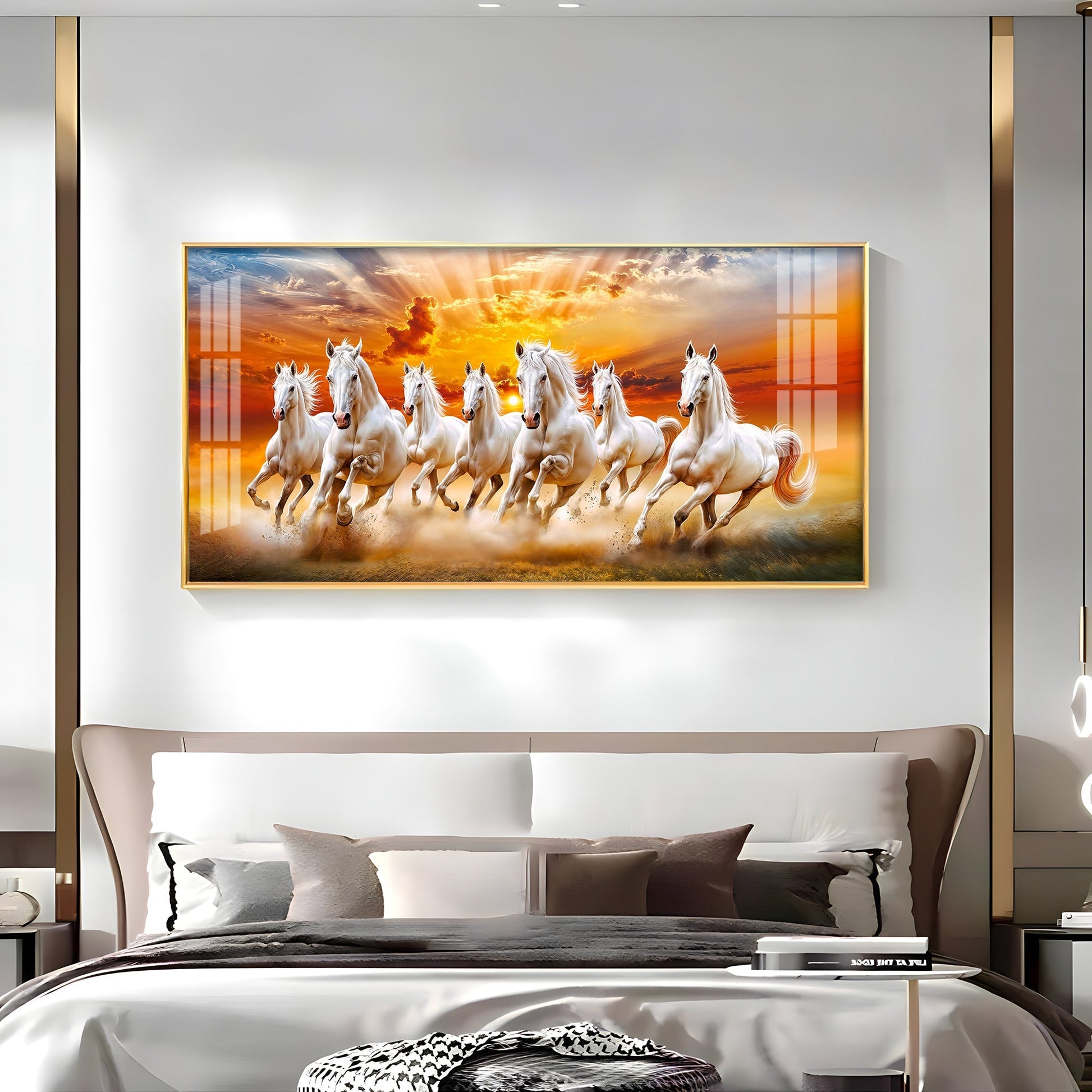 Vastu Success Seven Horses Acrylic Wall Decor Scenic Sunset Sky