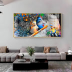 Radha Krishna Modern Abstract Acrylic Wall Art with Flute and Peacock