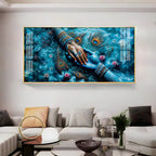 Radha Krishna Divine Hands Acrylic Wall Art with Peacock Feathers and Lotus