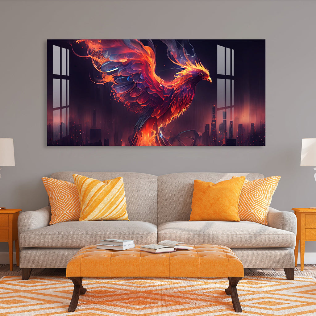 Fiery Phoenix Acrylic Wall Painting with Modern Abstract City Background