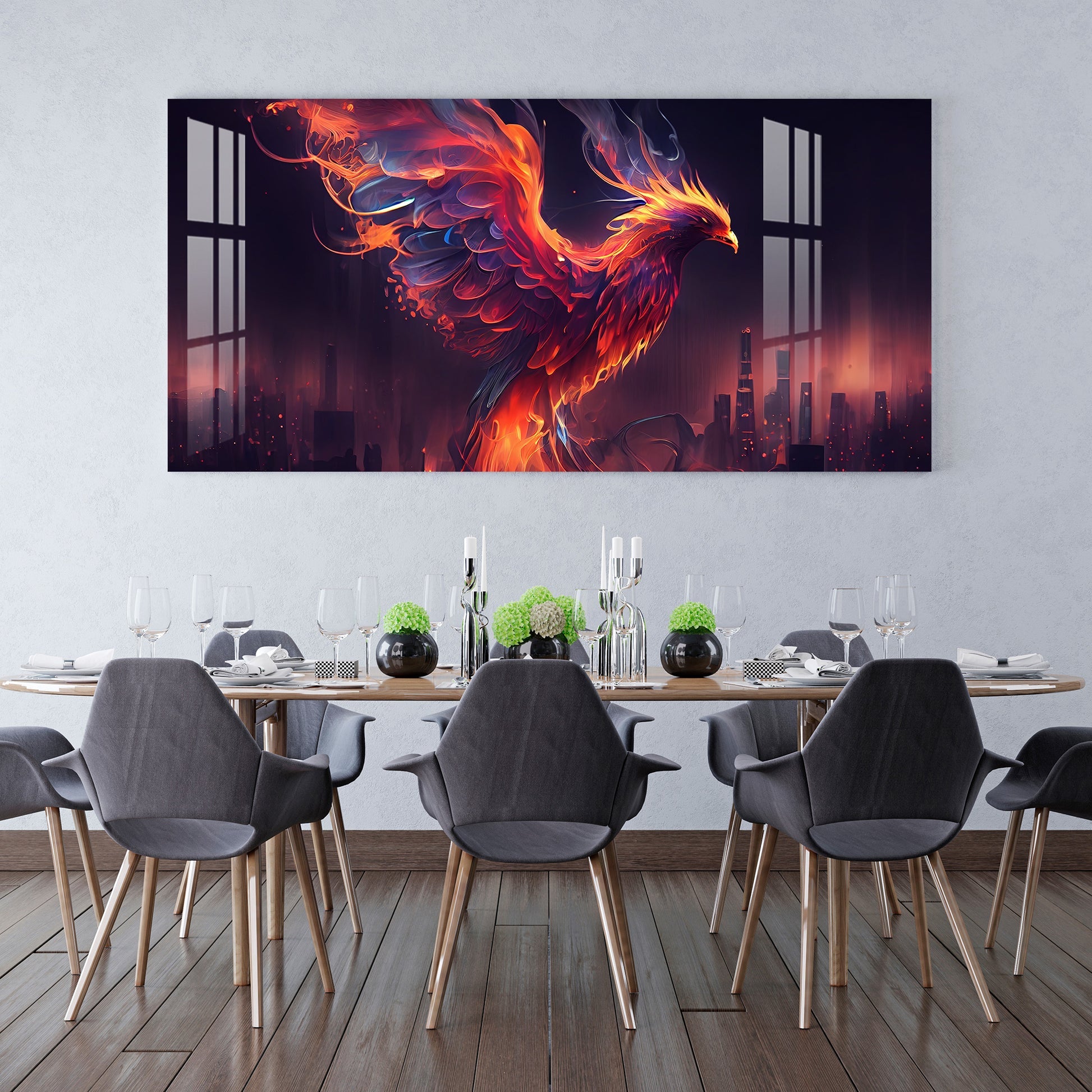 Fiery Phoenix Acrylic Wall Painting with Modern Abstract City Background