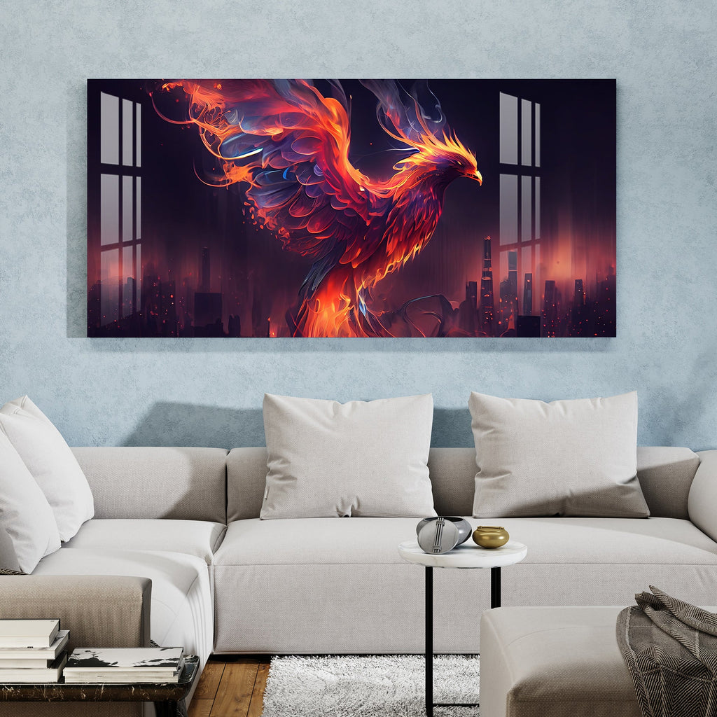 Fiery Phoenix Acrylic Wall Painting with Modern Abstract City Background