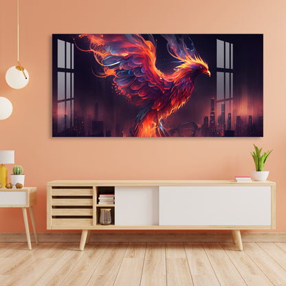 Fiery Phoenix Acrylic Wall Painting with Modern Abstract City Background