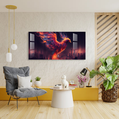 Fiery Phoenix Acrylic Wall Painting with Modern Abstract City Background