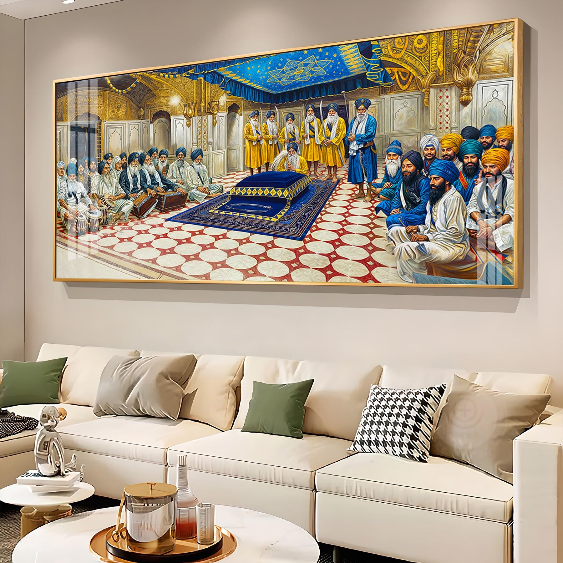 Spiritual Gurudwara Scene Acrylic Wall Painting with Devotional Gathering
