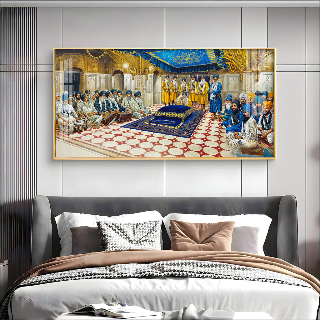 Spiritual Gurudwara Scene Acrylic Wall Painting with Devotional Gathering