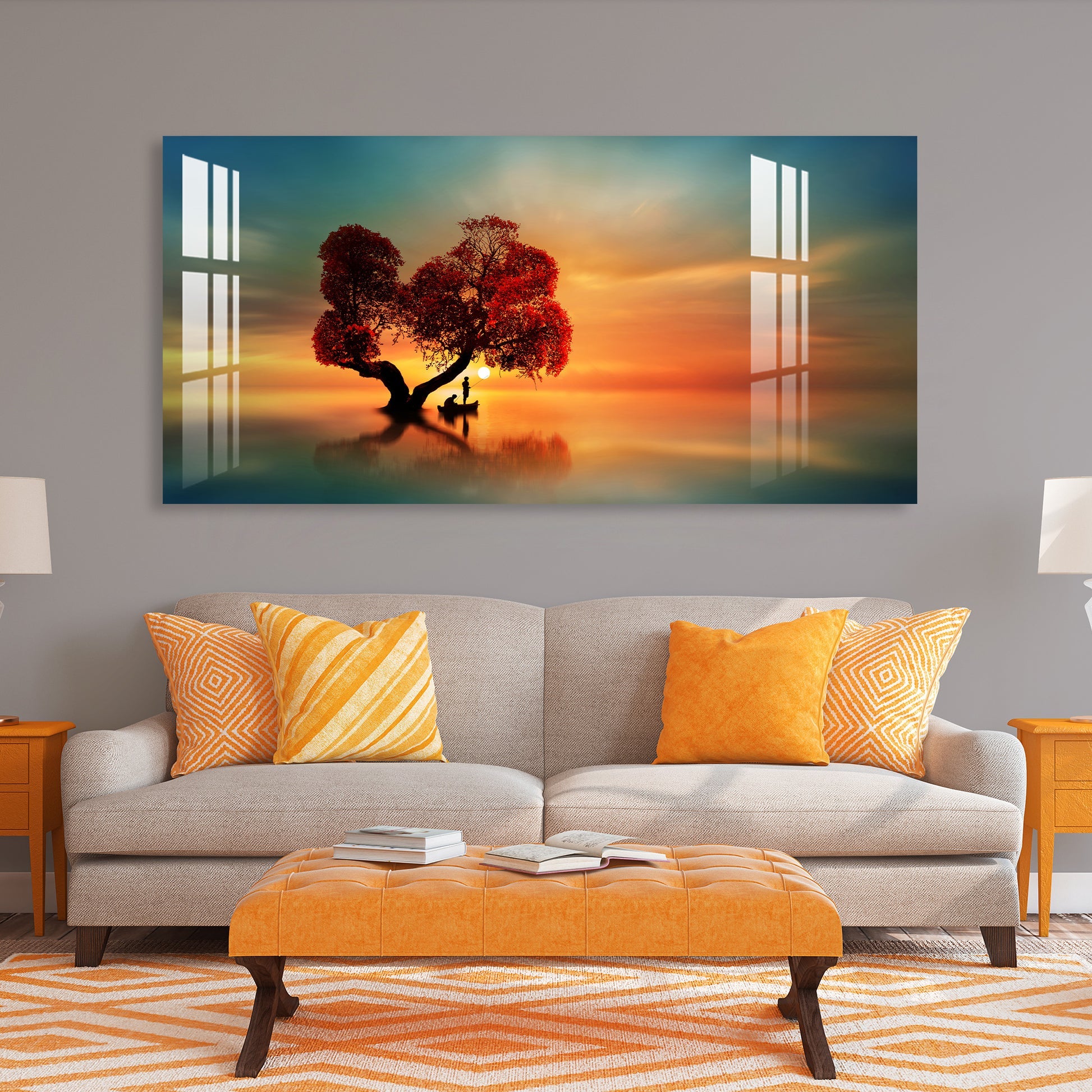 Elegant Sunset Landscape Acrylic Wall Painting with Serene Water Reflection