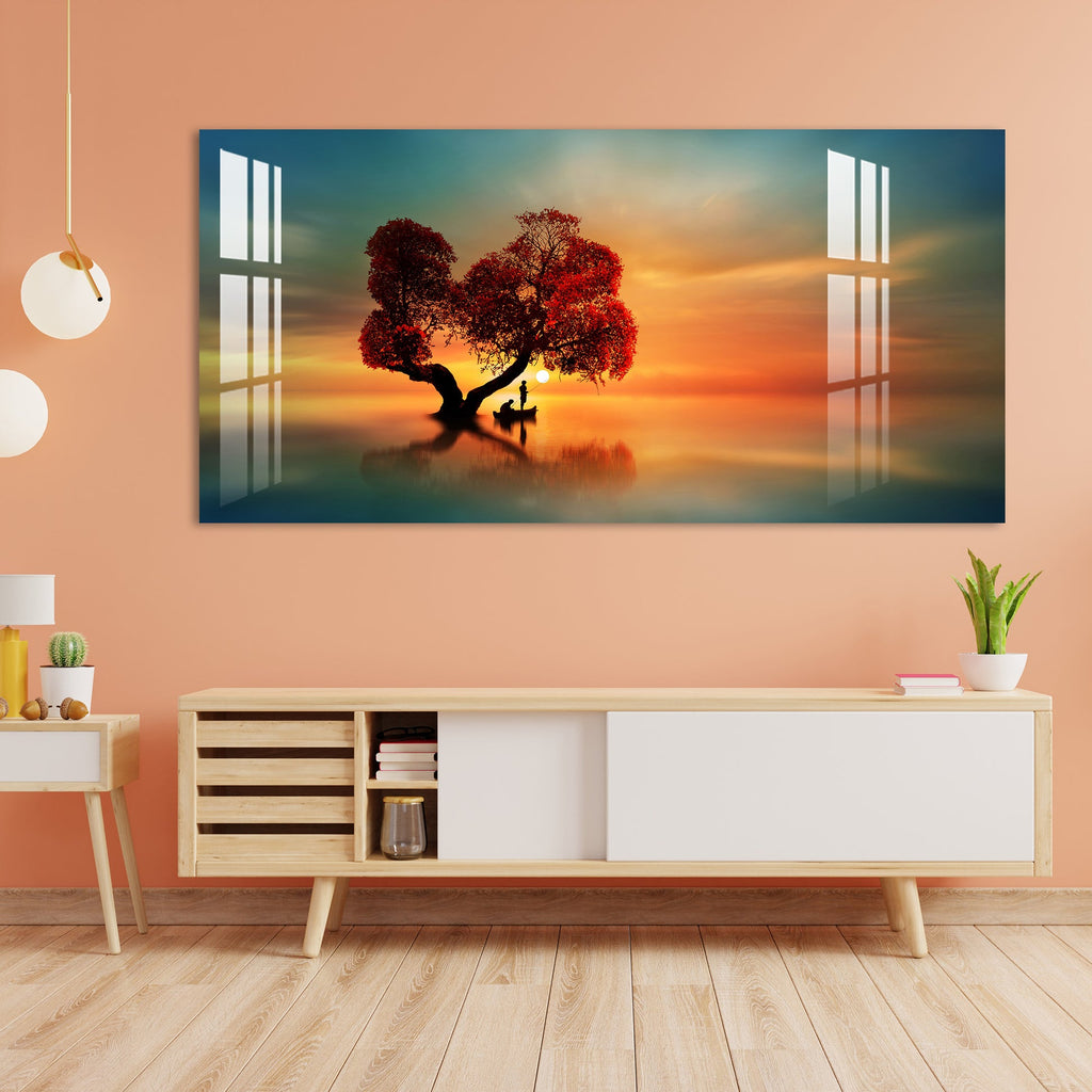 Elegant Sunset Landscape Acrylic Wall Painting with Serene Water Reflection