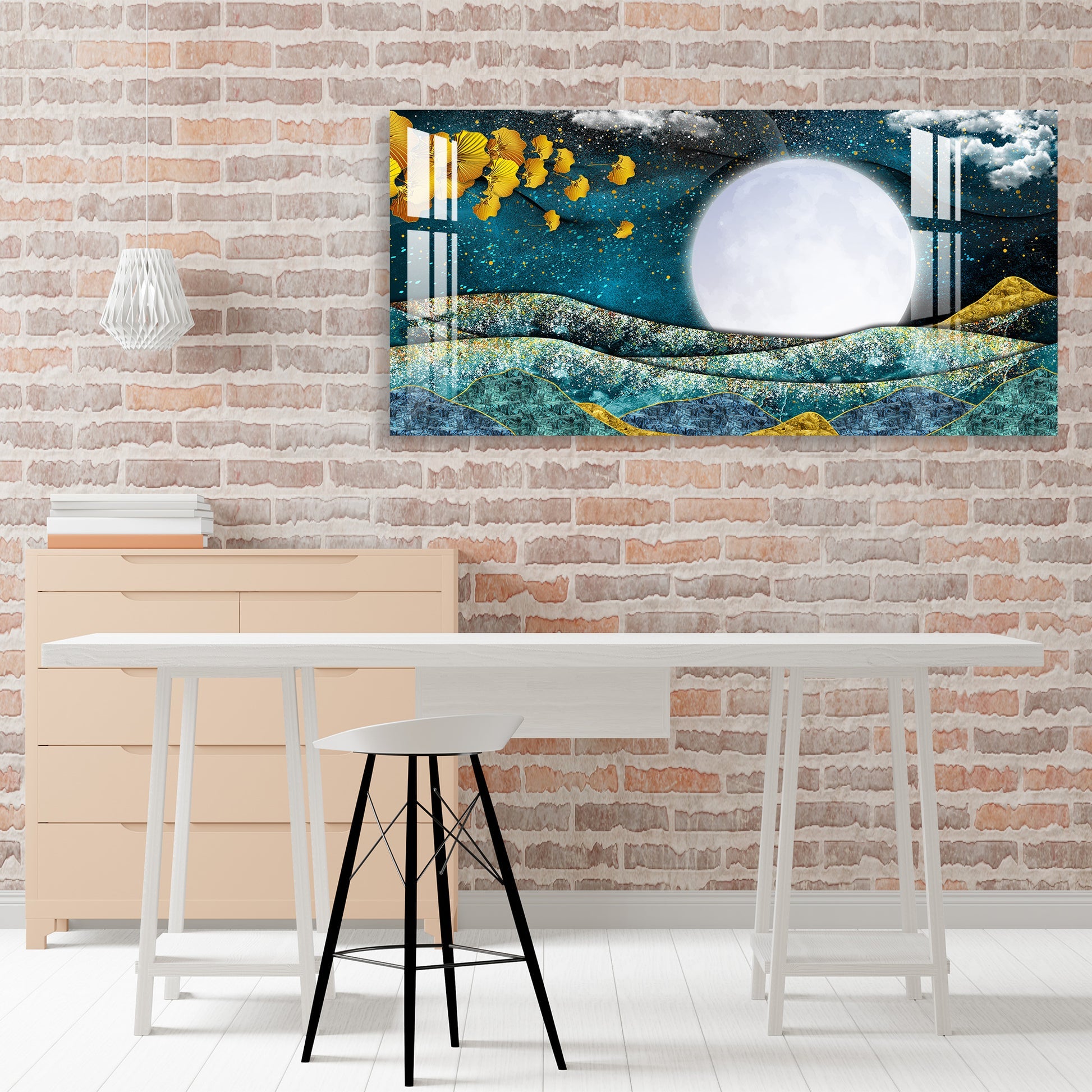 Elegant Blue Gold Moonlight Abstract Landscape Premium Acrylic Wall Painting