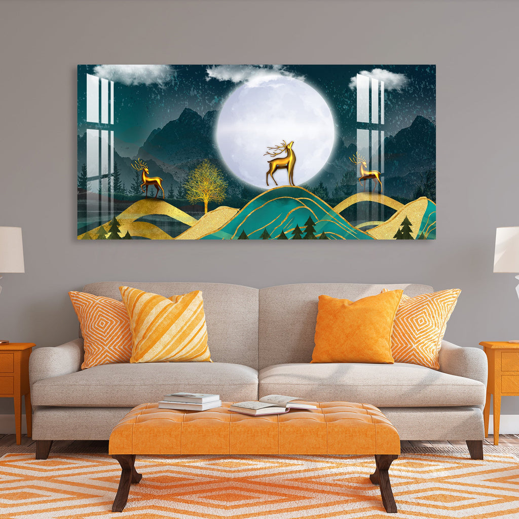 Golden Deer Moonlight Landscape Artistic Premium Acrylic wall painting