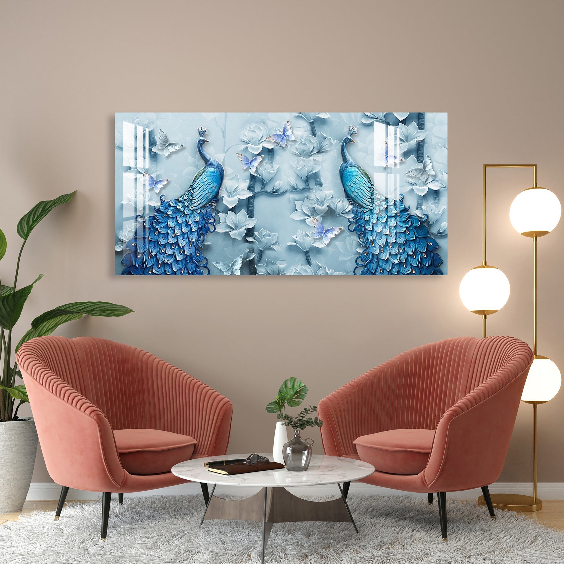Elegant Blue Peacock Floral Design Luxury acrylic wall painting