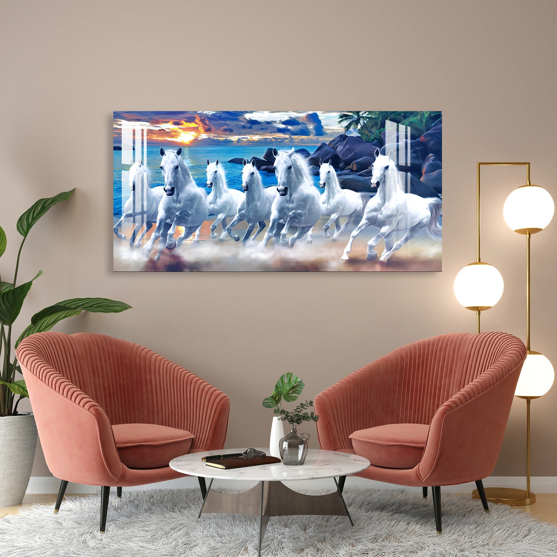 Seven White Horses Vastu Inspired Design acrylic wall painting