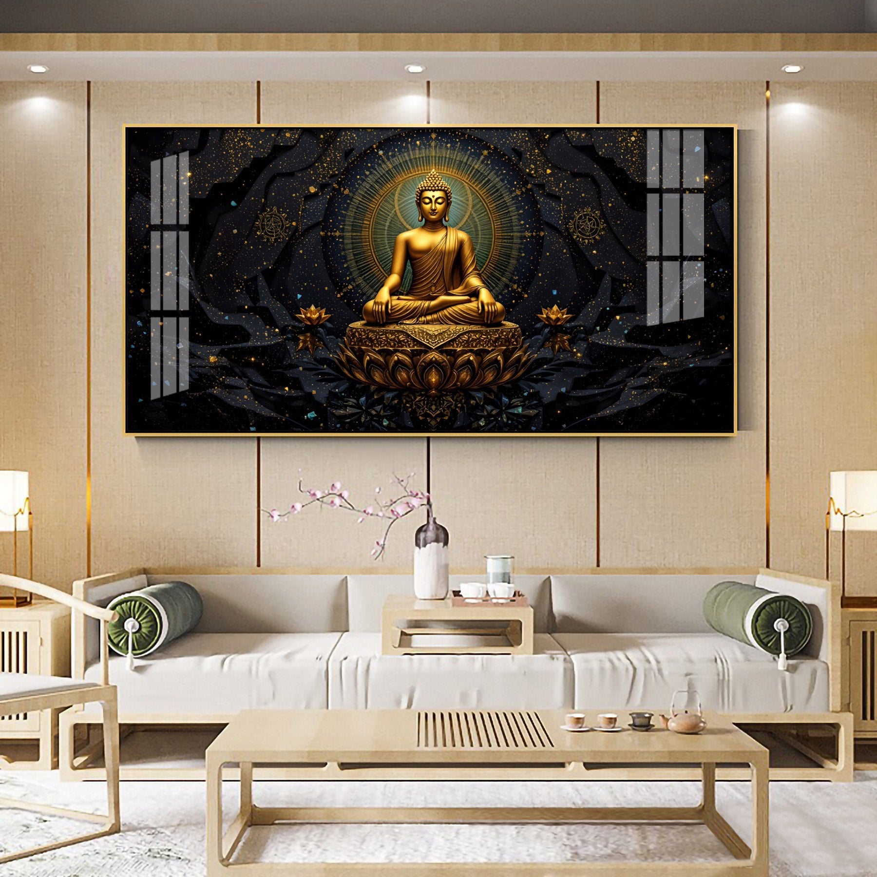 Luxury Golden Buddha Meditation Dark Theme acrylic wall painting
