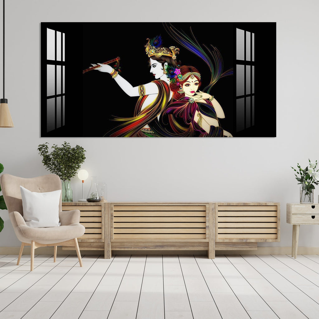 Elegant Radha Krishna Flute Art Black Theme acrylic wall painting