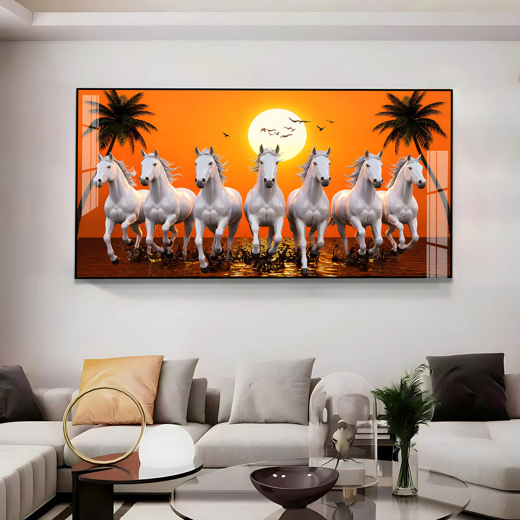 Luxury Seven White Horses Wall Painting for Modern Living Room and Office Decoration