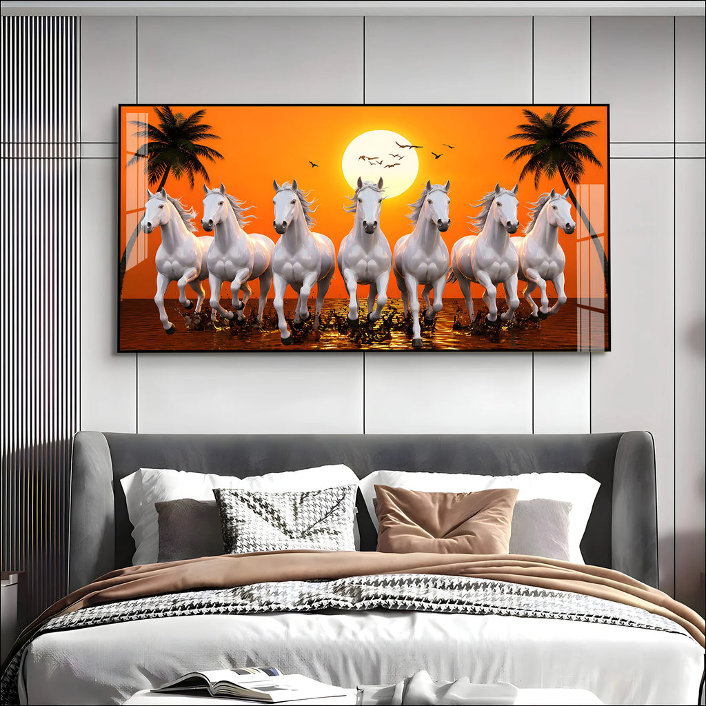 Luxury Seven White Horses Wall Painting for Modern Living Room and Office Decoration
