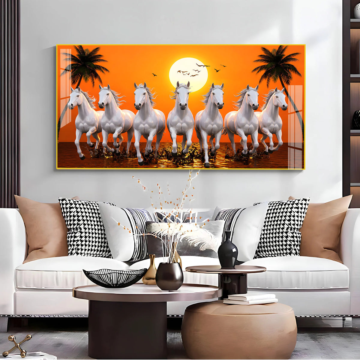 Luxury Seven White Horses Wall Painting for Modern Living Room and Office Decoration