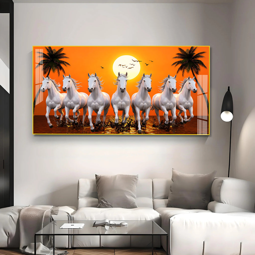 Luxury Seven White Horses Wall Painting for Modern Living Room and Office Decoration