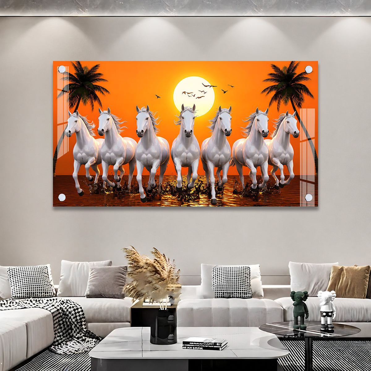 Luxury Seven White Horses Wall Painting for Modern Living Room and Office Decoration