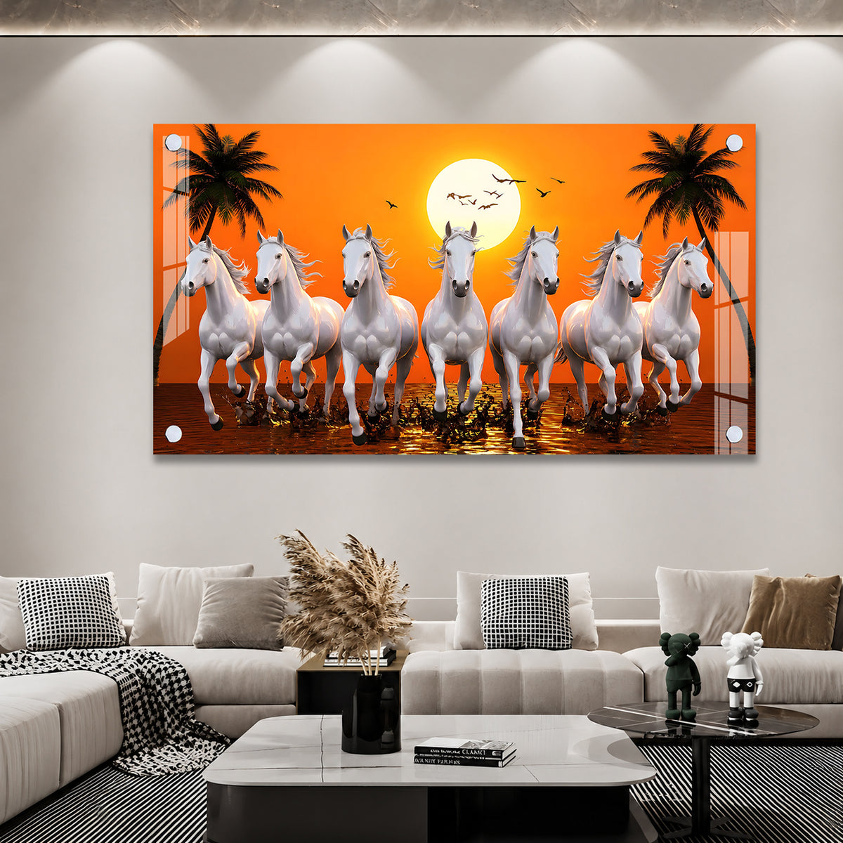 Luxury Seven White Horses Wall Painting for Modern Living Room and Office Decoration