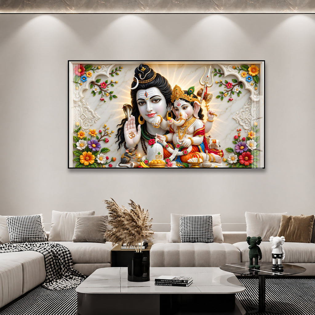 Premium Mahadev and Ganpati Bappa Acrylic Wall Painting with Shivling for Home Temple