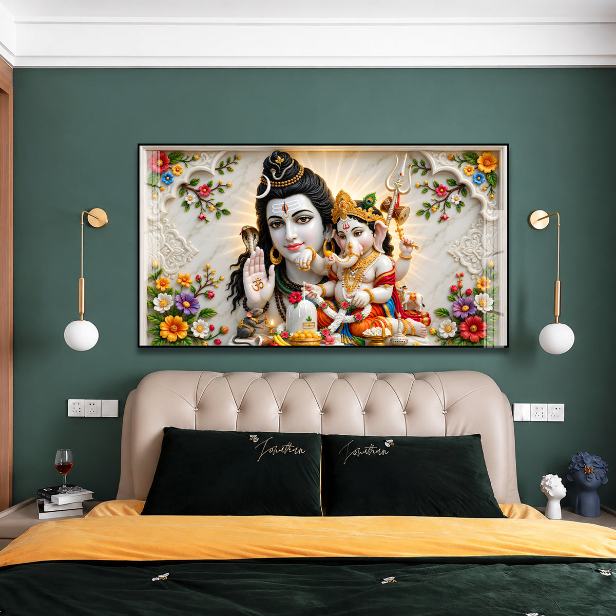 Premium Mahadev and Ganpati Bappa Acrylic Wall Painting with Shivling for Home Temple