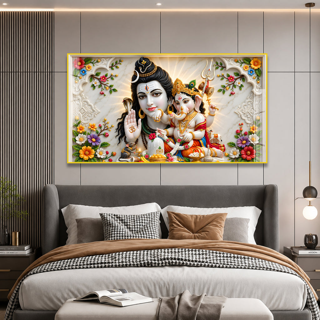 Premium Mahadev and Ganpati Bappa Acrylic Wall Painting with Shivling for Home Temple