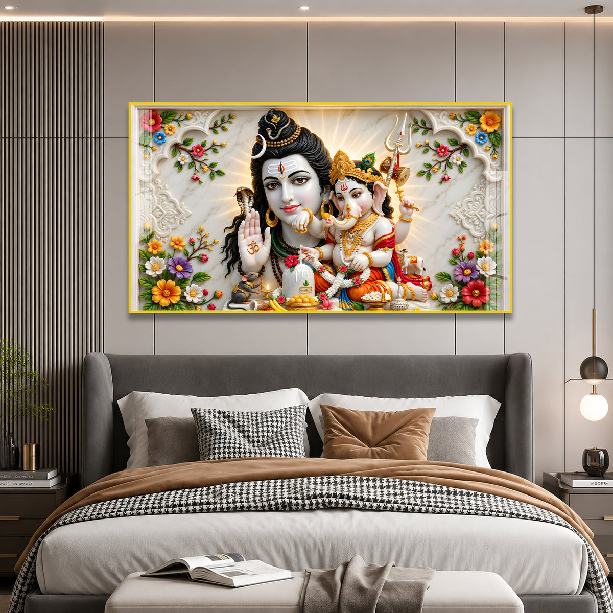 Premium Mahadev and Ganpati Bappa Acrylic Wall Painting with Shivling for Home Temple