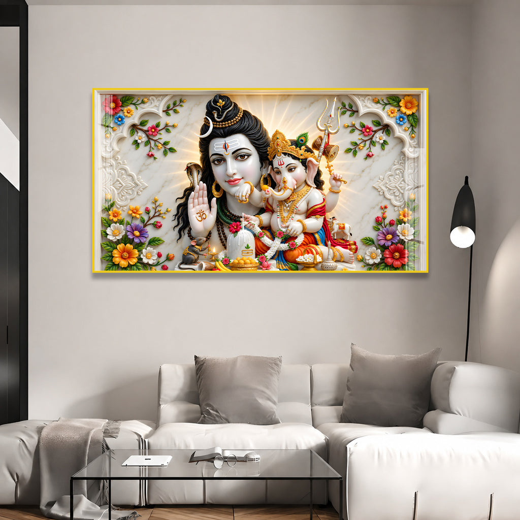 Premium Mahadev and Ganpati Bappa Acrylic Wall Painting with Shivling for Home Temple