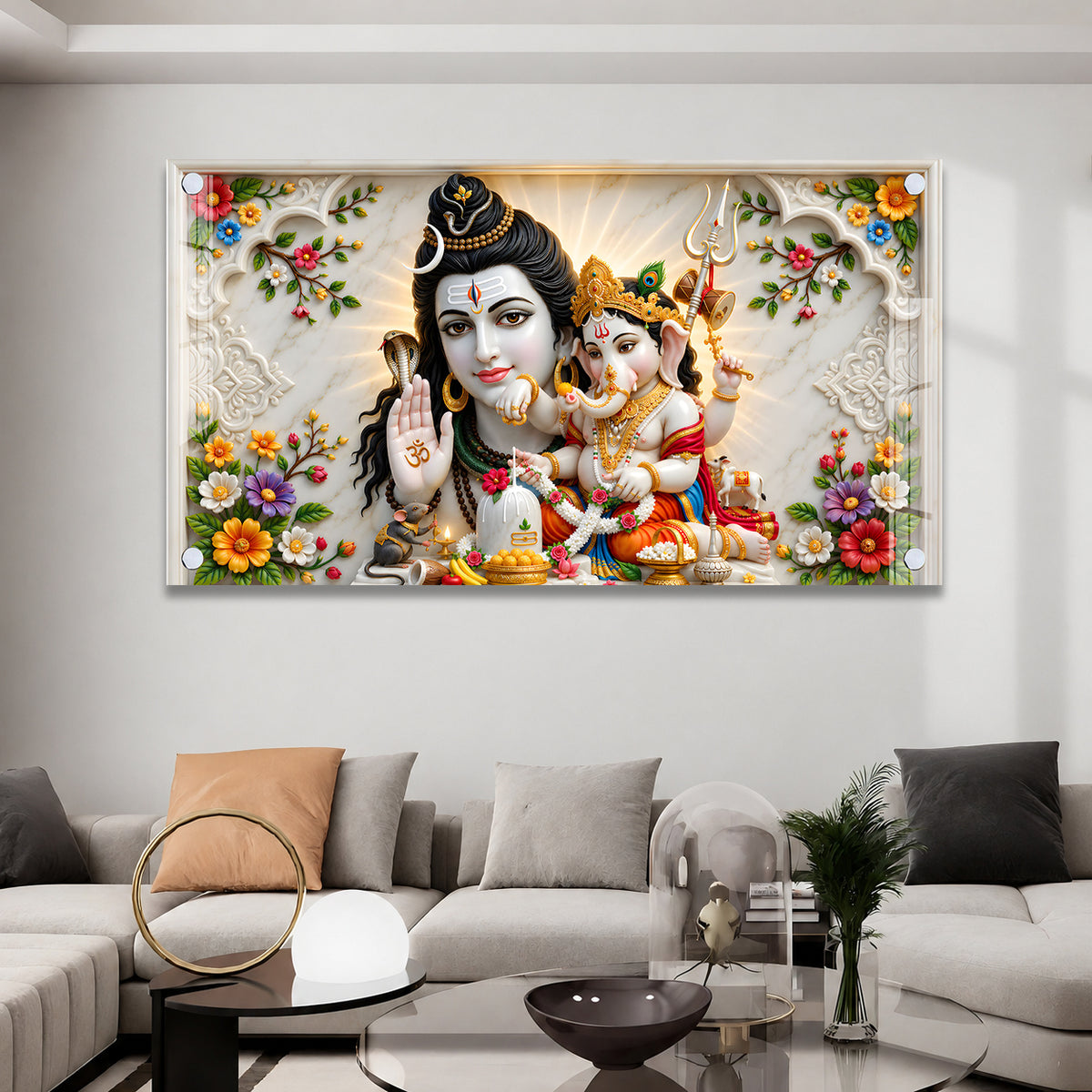 Premium Mahadev and Ganpati Bappa Acrylic Wall Painting with Shivling for Home Temple