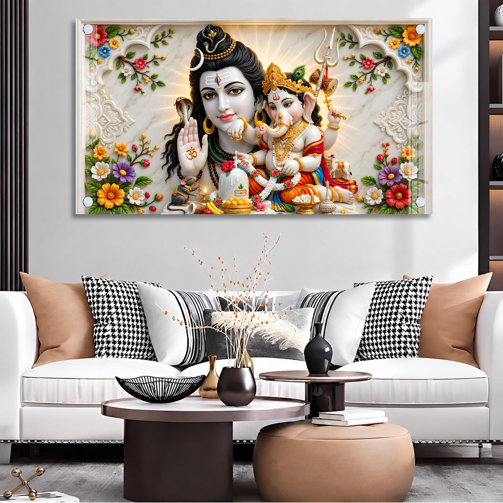 Premium Mahadev and Ganpati Bappa Acrylic Wall Painting with Shivling for Home Temple
