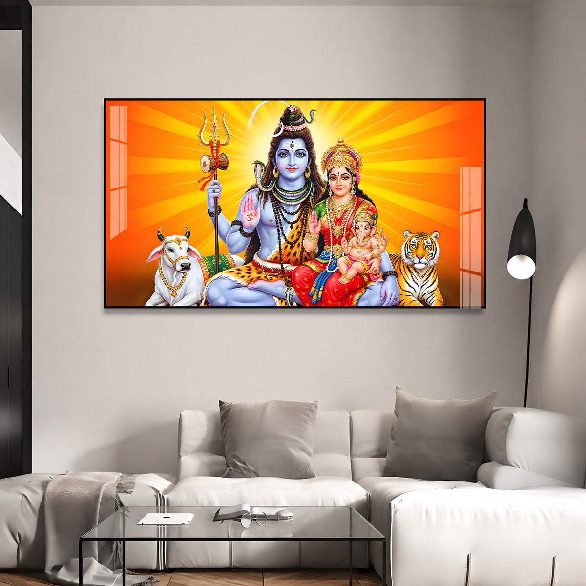 Designer Shiv Parivar Acrylic Glass Painting with Mahadev Family for Elegant Home Temple Decoration