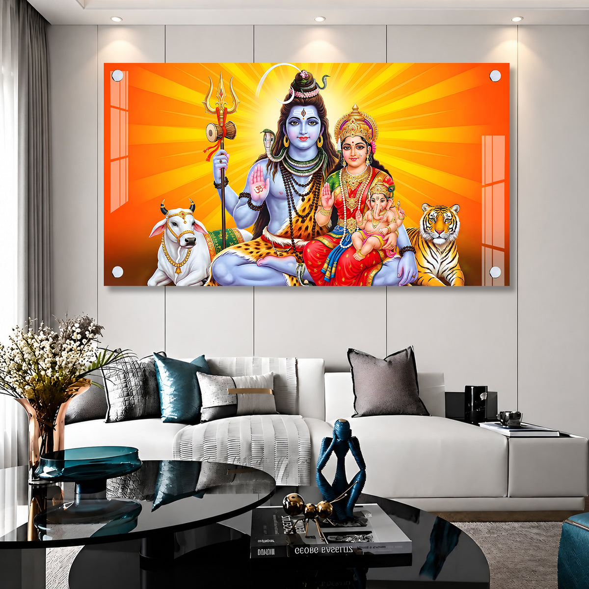 Designer Shiv Parivar Acrylic Glass Painting with Mahadev Family for Elegant Home Temple Decoration