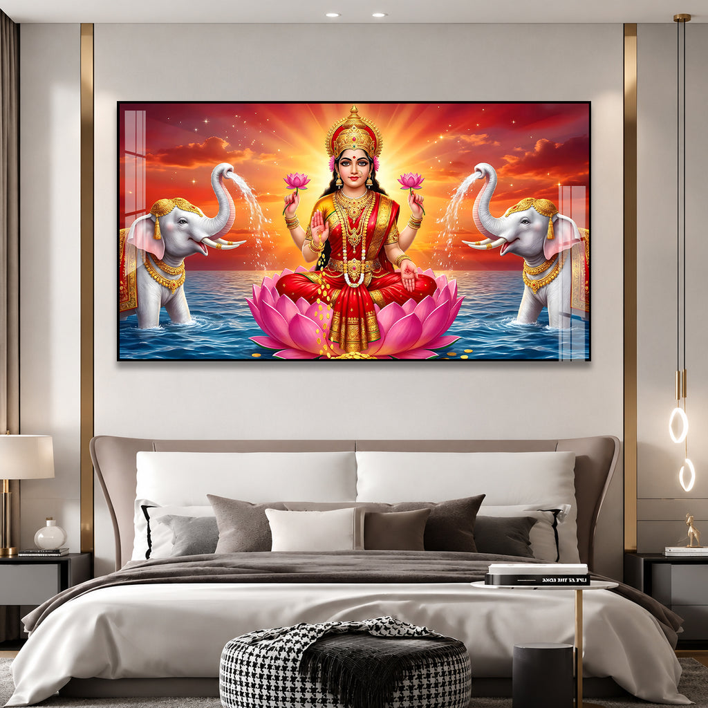 Acrylic Painting of Goddess Lakshmi with Lotus and Elephants for Wealth and Prosperity