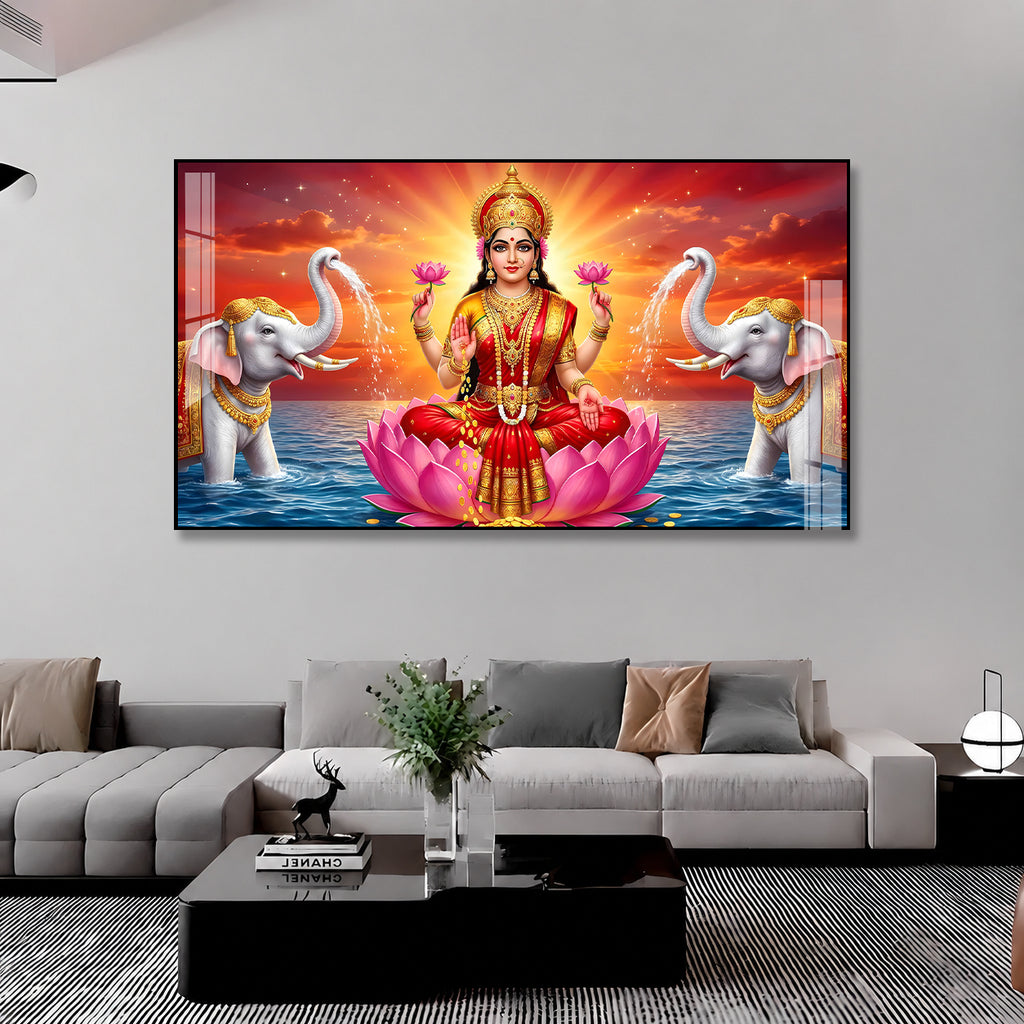 Acrylic Painting of Goddess Lakshmi with Lotus and Elephants for Wealth and Prosperity