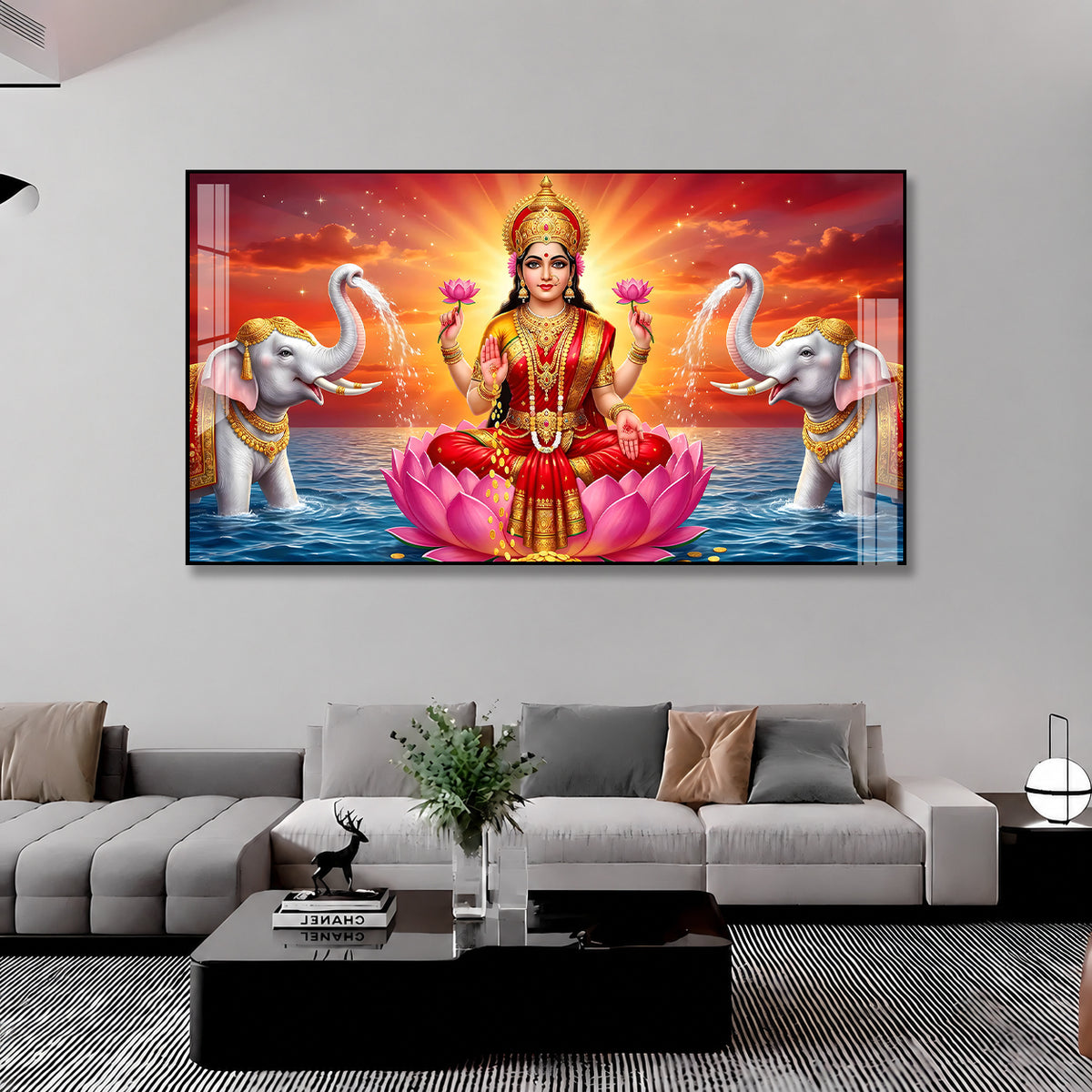 Acrylic Painting of Goddess Lakshmi with Lotus and Elephants for Wealth and Prosperity