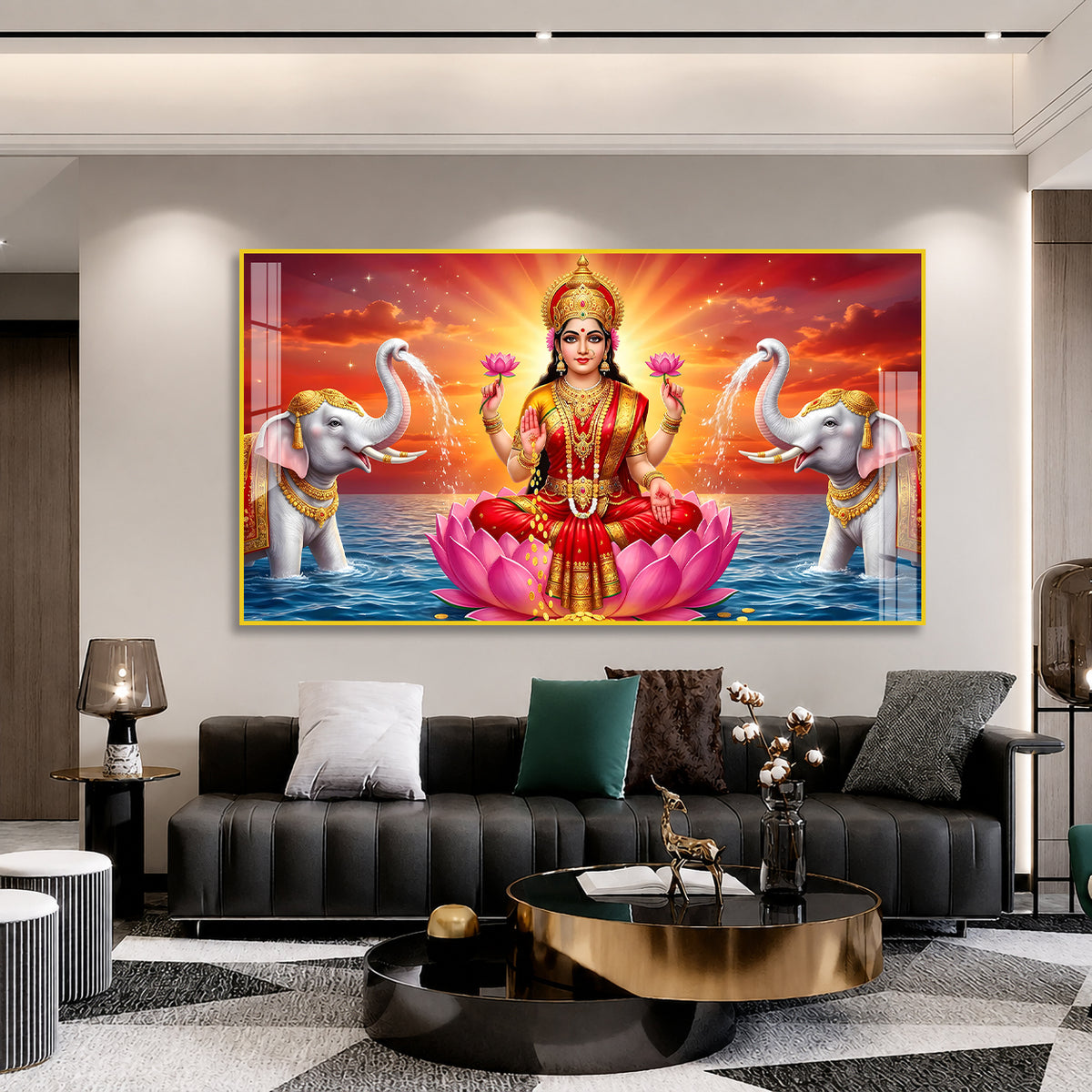 Acrylic Painting of Goddess Lakshmi with Lotus and Elephants for Wealth and Prosperity