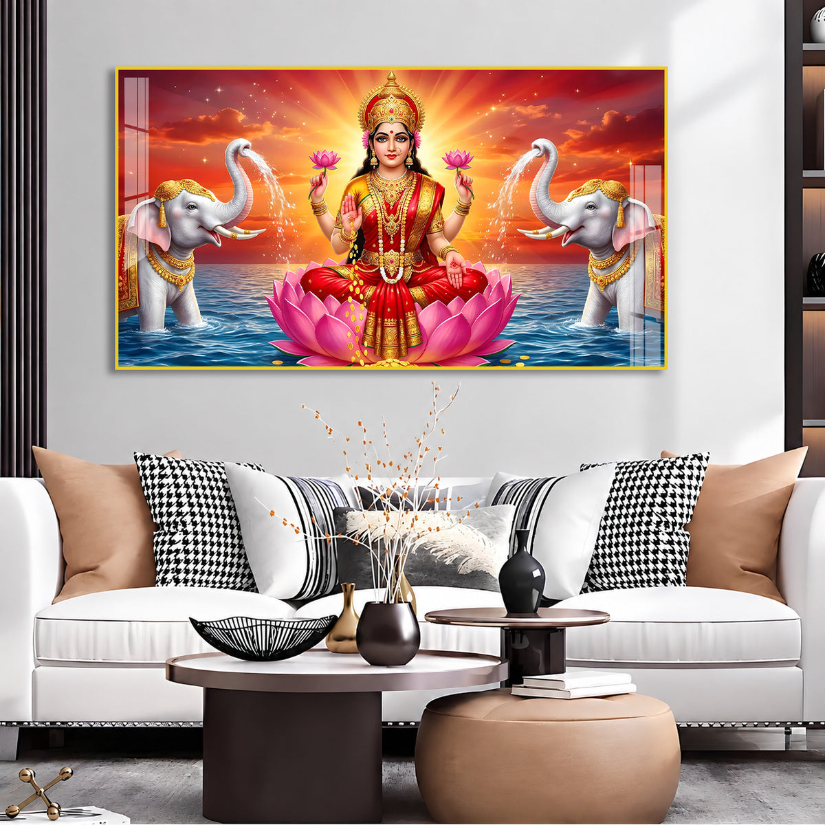 Acrylic Painting of Goddess Lakshmi with Lotus and Elephants for Wealth and Prosperity