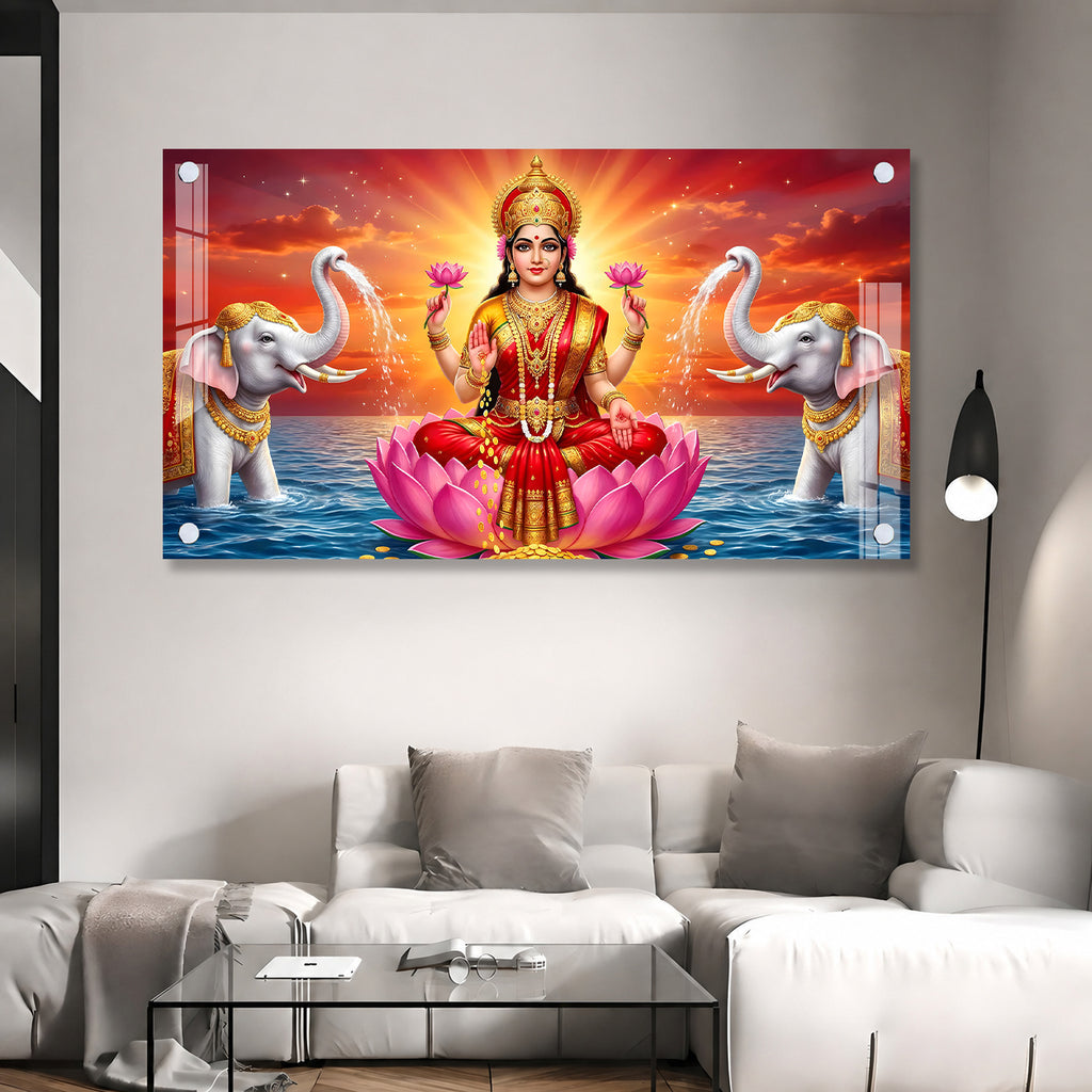 Acrylic Painting of Goddess Lakshmi with Lotus and Elephants for Wealth and Prosperity