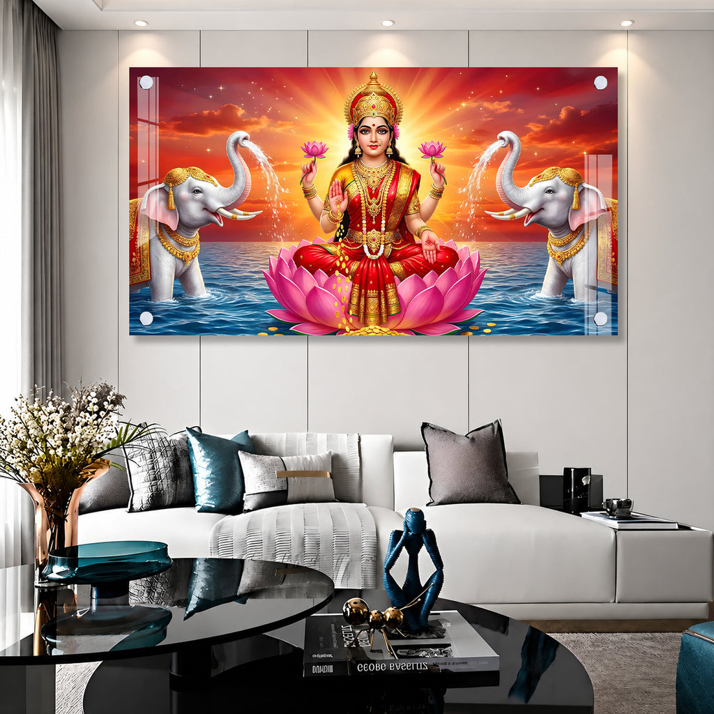 Acrylic Painting of Goddess Lakshmi with Lotus and Elephants for Wealth and Prosperity