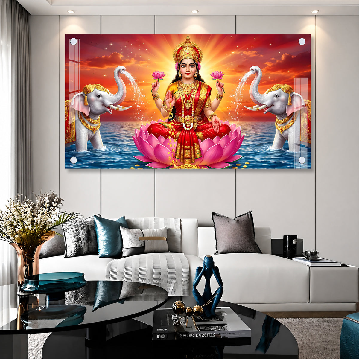 Acrylic Painting of Goddess Lakshmi with Lotus and Elephants for Wealth and Prosperity