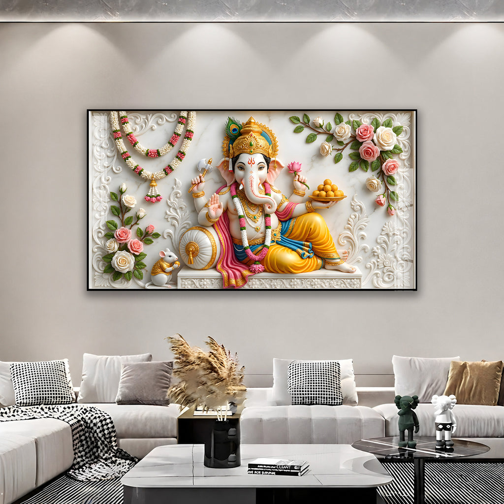 Sacred Lord Ganesha Acrylic Painting with Floral Garland for Temple Wall Decor