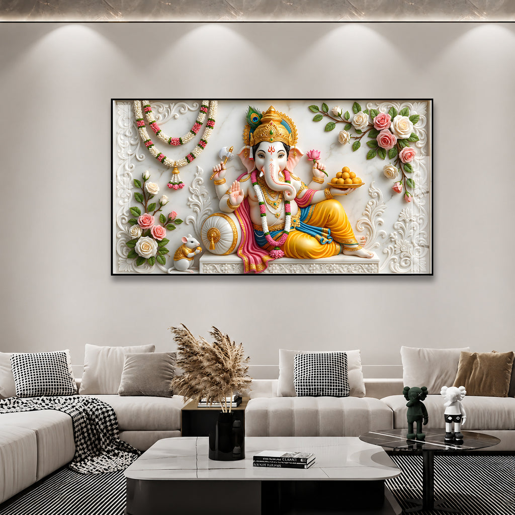 Sacred Lord Ganesha Acrylic Painting with Floral Garland for Temple Wall Decor