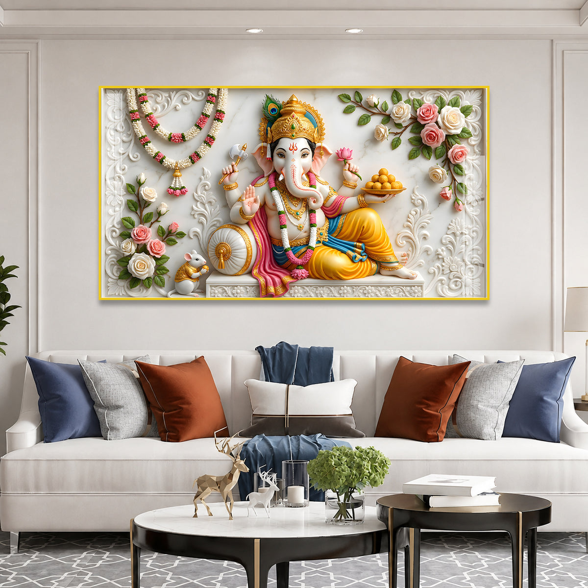 Sacred Lord Ganesha Acrylic Painting with Floral Garland for Temple Wall Decor