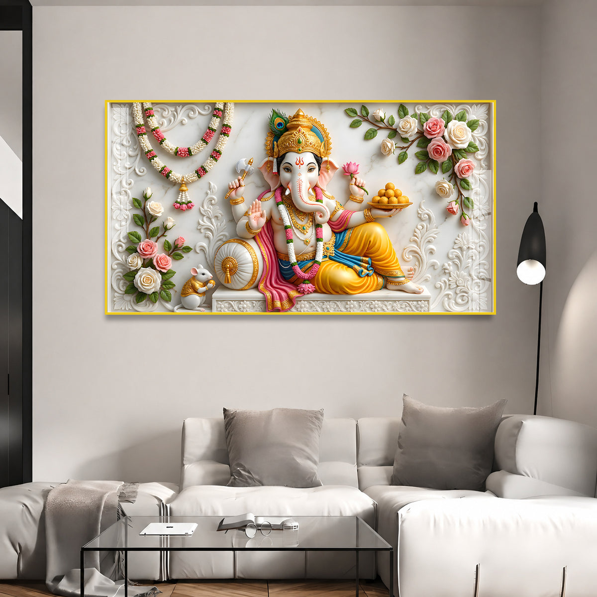 Sacred Lord Ganesha Acrylic Painting with Floral Garland for Temple Wall Decor